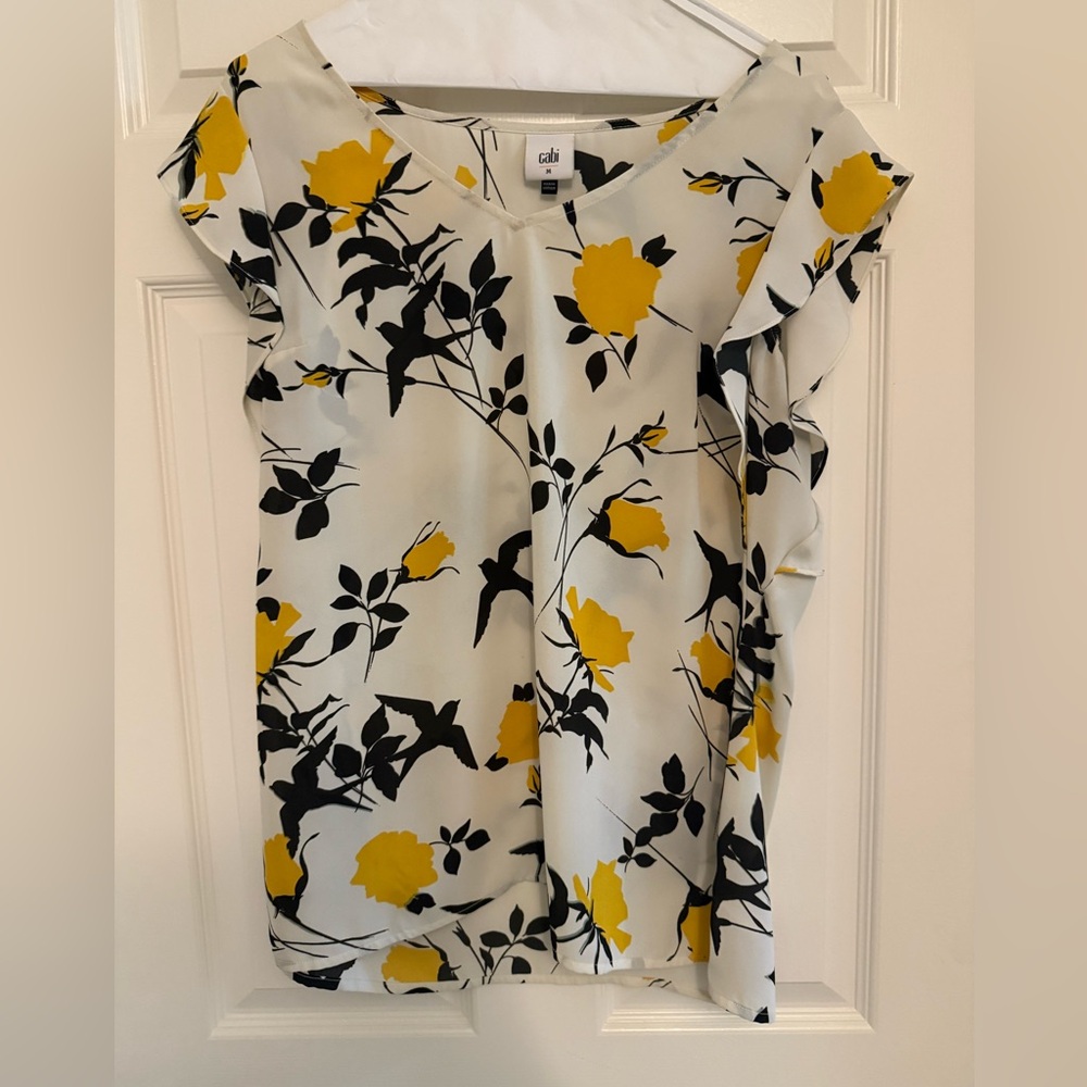 CAbi Women's Yellow and Black Floral Blouse